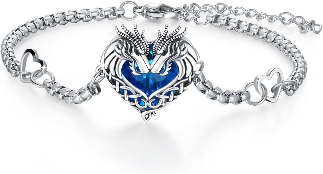 wholesale 925 Sterling Silver Heart-Shaped Blue Crystal Celtic Dragon & Wolf Adjustable Bracelet for Women-0-0
