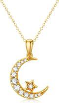 wholesale 14K Gold Crescent Moon & Star CZ Pendant Necklace - 16-18 inch Chain for Women-0-0
