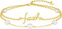 wholesale 925 Sterling Silver Plated Gold Metal Freshwater Pearl Faith Cross Charm Bracelet for Women - Dainty Double Chain Religious-Layered Faith-Gold