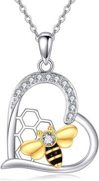 wholesale 925 Sterling Silver Bee Honeycomb Heart Pendant Necklace for Women Girls  48cm Chain Length-Bee necklace