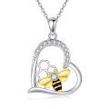 wholesale 925 Sterling Silver Bee Honeycomb Heart Pendant Necklace Two Tone Cubic Zirconia-0-0