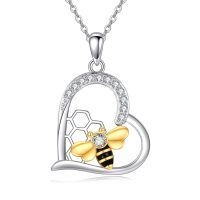 wholesale 925 Sterling Silver Bee Honeycomb Heart Pendant Necklace Two Tone Cubic Zirconia-Bee necklace