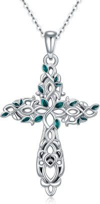 wholesale 925 Sterling Silver Celtic Knot Cross Necklace with Green Stones - Irish Viking s for Men & Women-Tree Cross Necklace