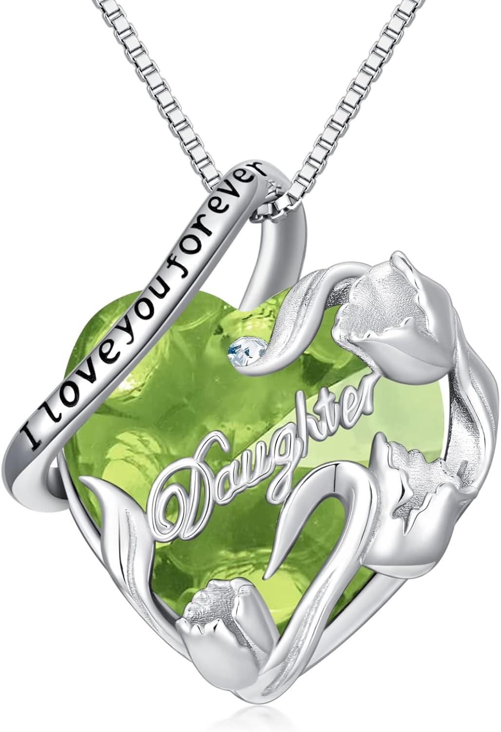 Sterling Silver Sterling Silver Stone Daughter Heart Pendant Necklace from Dad Mom I Love You Forever Jewelry-12-08-August-Light Green