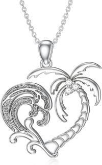 wholesale 925 Sterling Silver Heart-Shaped Wave and Palm Tree Pendant Necklace with Cubic Zirconia for Women-Palmtree-style 3