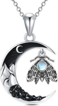 wholesale 925 Sterling Silver Crescent Moon Butterfly Necklace with Black Stone and Blue Crystal Pendant-Moth
