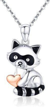 wholesale 925 Sterling Silver Raccoon Heart Pendant Necklace with Black and White Design-Silver