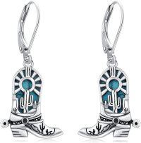 wholesale Platinum-Plated Sterling Silver Turquoise Cowgirl Boot Earrings, Western Style, 17mm-B01-Cowboy Boot