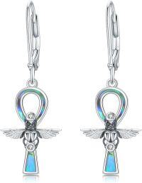 wholesale 925 Sterling Silver Angel Wing Leverback Drop Earrings with Opal and CZ Stones-Ankh