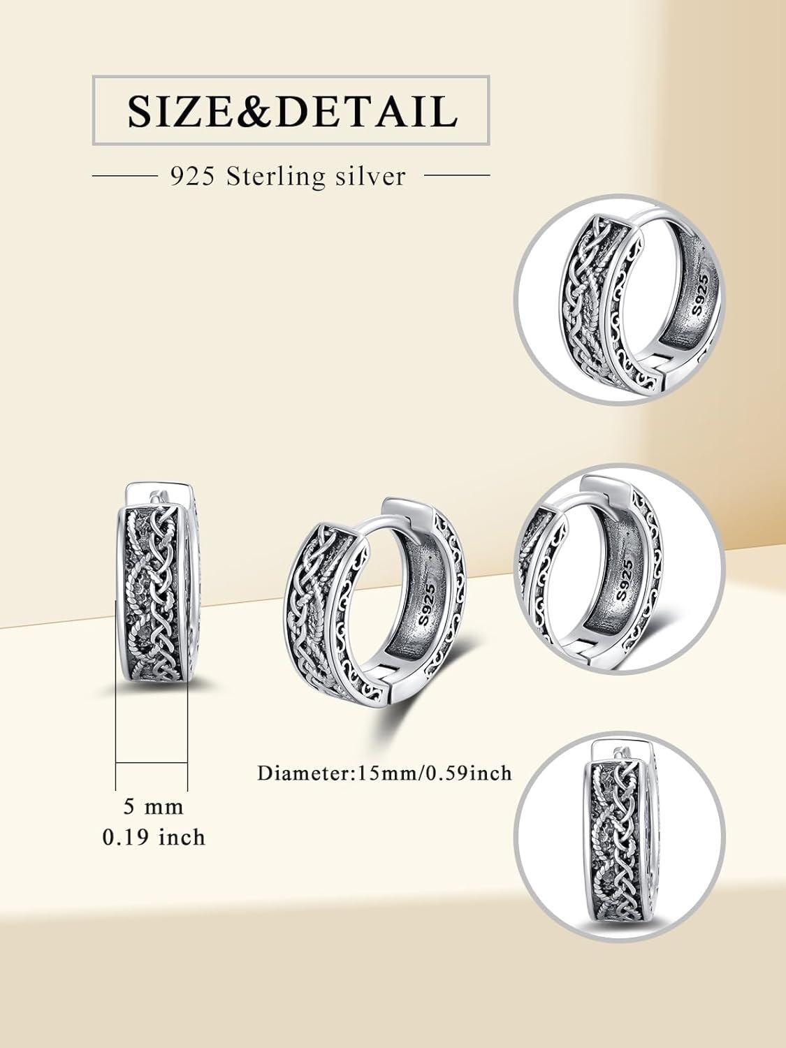 Sterling Silver Viking Earrings Huggie Hoop with Stone Vintage Jewelry Gifts for Men Women Boys Girls-0-1