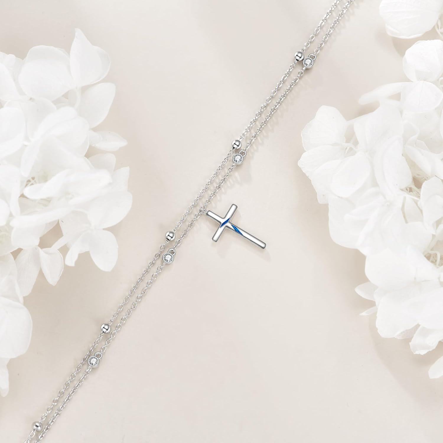 wholesale 925 Sterling Silver Christian Baptism Double Chain Cross Ankle Bracelet-0-4
