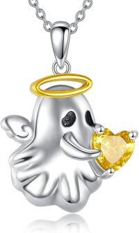 wholesale 925 Sterling Silver Angel Ghost Citrine Heart Halo Pendant Necklace for Women-Halloween Necklace-Ghost Necklace