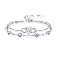 wholesale 925 Sterling Silver Infinity Heart Bracelet Wholesale With Purple Crystal Hearts-Bracelet 7''-9''