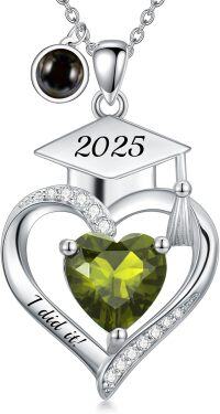 wholesale  Sterling Silver Heart Birthstone Necklace High School College Graduation Jewelry for Her -Non-Personalized 08-Aug-Peridot-Customized projection image + text 08-Aug-Peridot