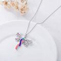 wholesale Sterling Silver & Enamel Thyroid Cancer Awareness Necklace - Pink Blue Purple Ribbon Dragonfly Pendant with 18 Chain, Hypoallergenic Gift-0-2