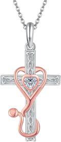 wholesale 925 Sterling Silver Heart-Shaped Cross with Stethoscope and Cubic Zirconia Pendant Necklace-0-0