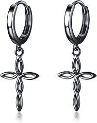 wholesale 925 Sterling Silver Black Celtic Knot Huggie Hoops with Cross Pendant Lightweight Jewelry for Women Girls Minimalist Style 3D Print Design Hypoallergenic Safe Gift Idea (Black)-Black Celtic Cross Earrings