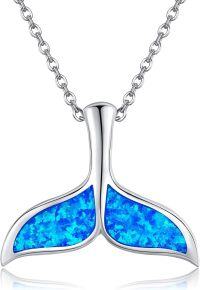 wholesale 925 Sterling Silver Blue Opal Whale Tail Pendant Necklace for Women Girls  45cm Chain Length-Whale Tail