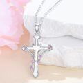 wholesale 925 Sterling Silver Cross Pendant Necklace With Pink Cubic Zirconia Platinum Plated For Women-0-3