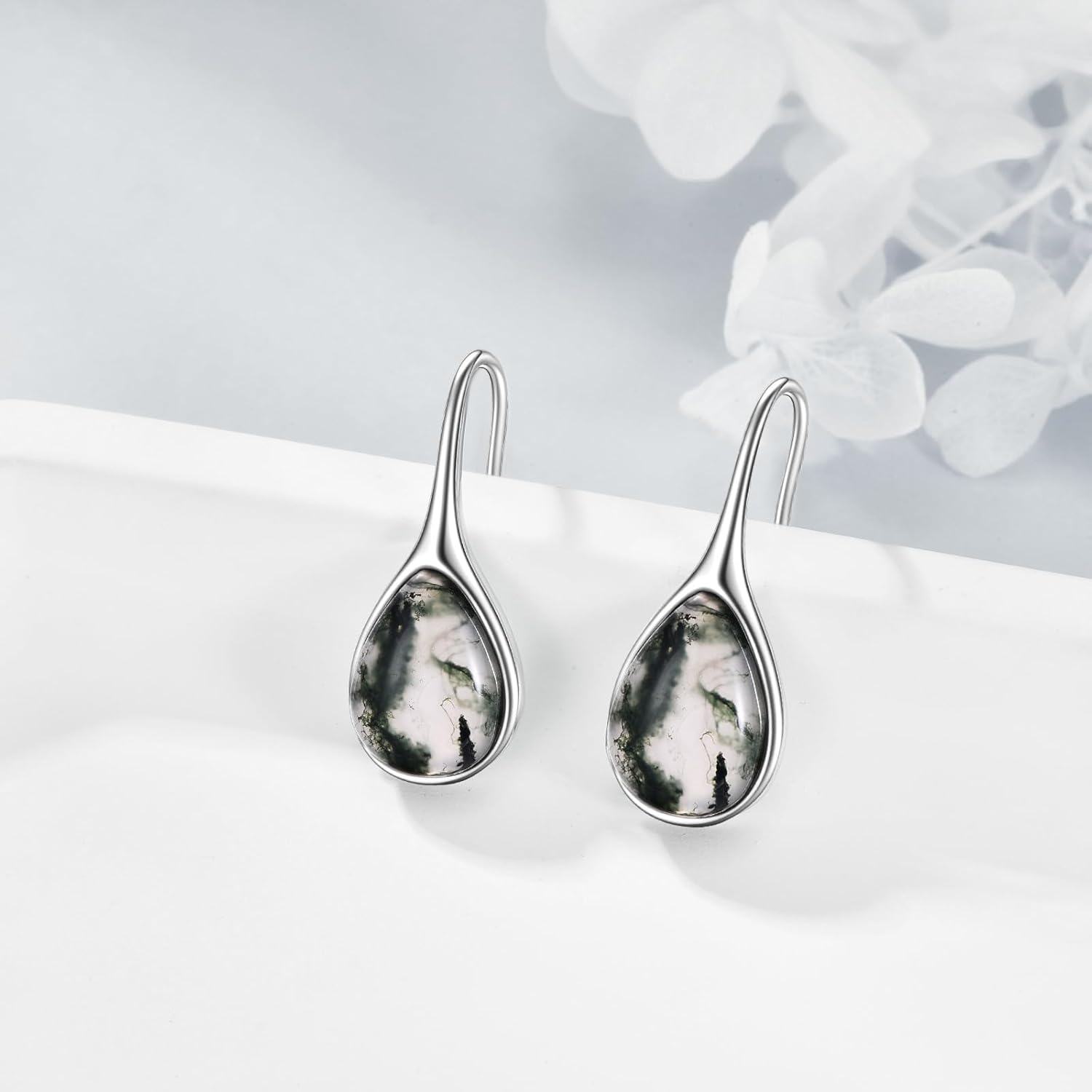 925 Sterling Silver Moss Agate Teardrop Threader Earrings for Women - Natural Stone Drop Dangles-0-2