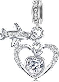 wholesale 925 Sterling Silver Birthstone Heart Charm with Airplane Charms for Anklets Women Mom Lover-04-April-Clear