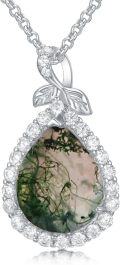 wholesale 925 Sterling Silver Green Moss Agate & Cubic Zirconia Leaf Drop Pendant Necklace-0-0