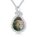 wholesale 925 Sterling Silver Green Moss Agate & Cubic Zirconia Leaf Drop Pendant Necklace-0-0