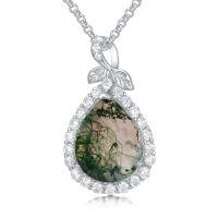 wholesale 925 Sterling Silver Green Moss Agate & Cubic Zirconia Leaf Drop Pendant Necklace-01-Moss Agate