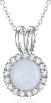 wholesale Sterling Silver Opal Necklace Round Opal Stone Pendant October Birthstone Gift-A_White