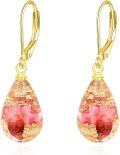 wholesale 925 Sterling Silver Pink Pressed Flowers Gold Leaf Drop Leverback Earrings-0-10