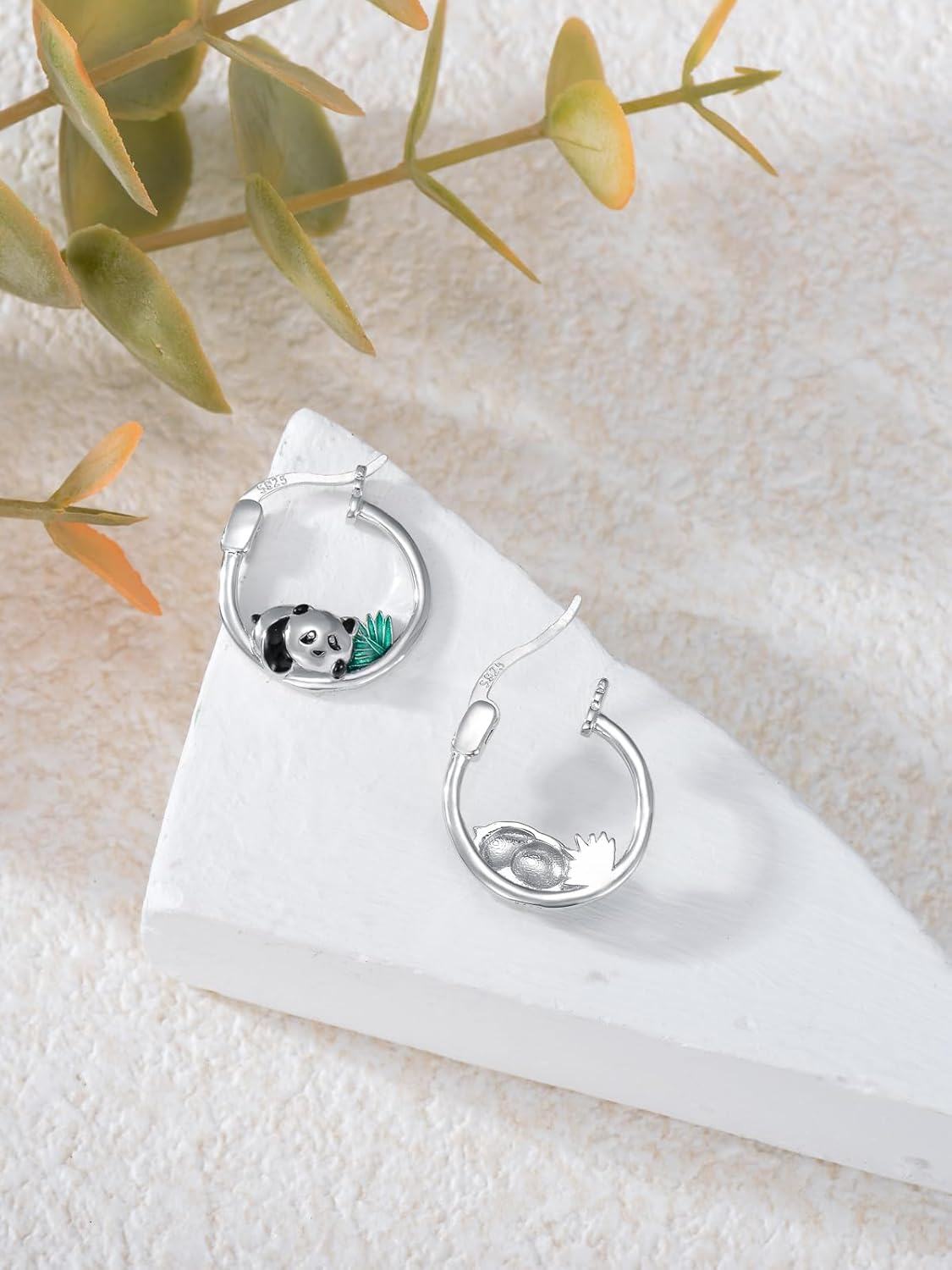 wholesale 925 Sterling Silver Panda Bear Leaf Hoop Earrings for Women Girls -0-3