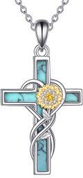 wholesale 925 Sterling Silver Turquoise Sunflower Cross Pendant Necklace for Women - Faith & Luck -0-0