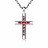 wholesale 925 Sterling Silver Birthstone Cross Necklace for Women Men -07-Jul-Ruby