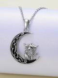 wholesale 925 Sterling Silver Black Enamel Wolf on Crescent Moon Pendant Necklace-0-1