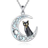 wholesale 925 Sterling Silver Black Cat On Crescent Moon Pendant-Black Cat Moon Necklace