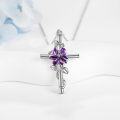wholesale 925 Sterling Silver Purple Carnation Floral Cross Pendant Necklaces for Women-0-1