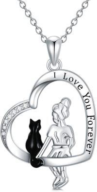 wholesale 925 Sterling Silver Heart Pendant with Cat and Girl Charm Necklaces for Women Gift Ideas-Cat Heart Necklace