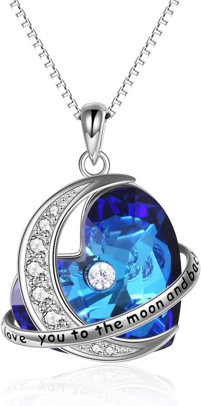 Sterling Silver Blue Crystal Heart Pendant Necklace for Wife Girlfriend-0-0