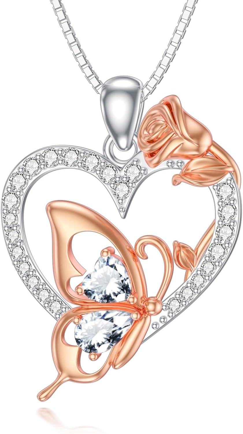  Sterling Silver Zircon Butterfly Heart Necklace for Women Birthday Gift -April
