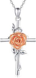 wholesale 925 Sterling Silver Floral Cross Pendant w/ Orange Carnation & White Lily Birthstone Necklaces for Women-0-0