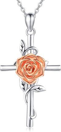 wholesale 925 Sterling Silver Floral Cross Pendant w/ Orange Carnation & White Lily Birthstone Necklaces for Women-Rose