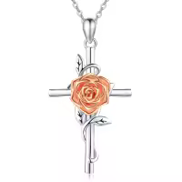 wholesale 925 Sterling Silver Floral Cross Pendant w/ Orange Carnation & White Lily Birthstone Necklaces Wholesale for Women-Rose