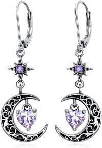 wholesale Sterling Silver Moon Star Birthstone Dangle Earrings-06-Light Violet