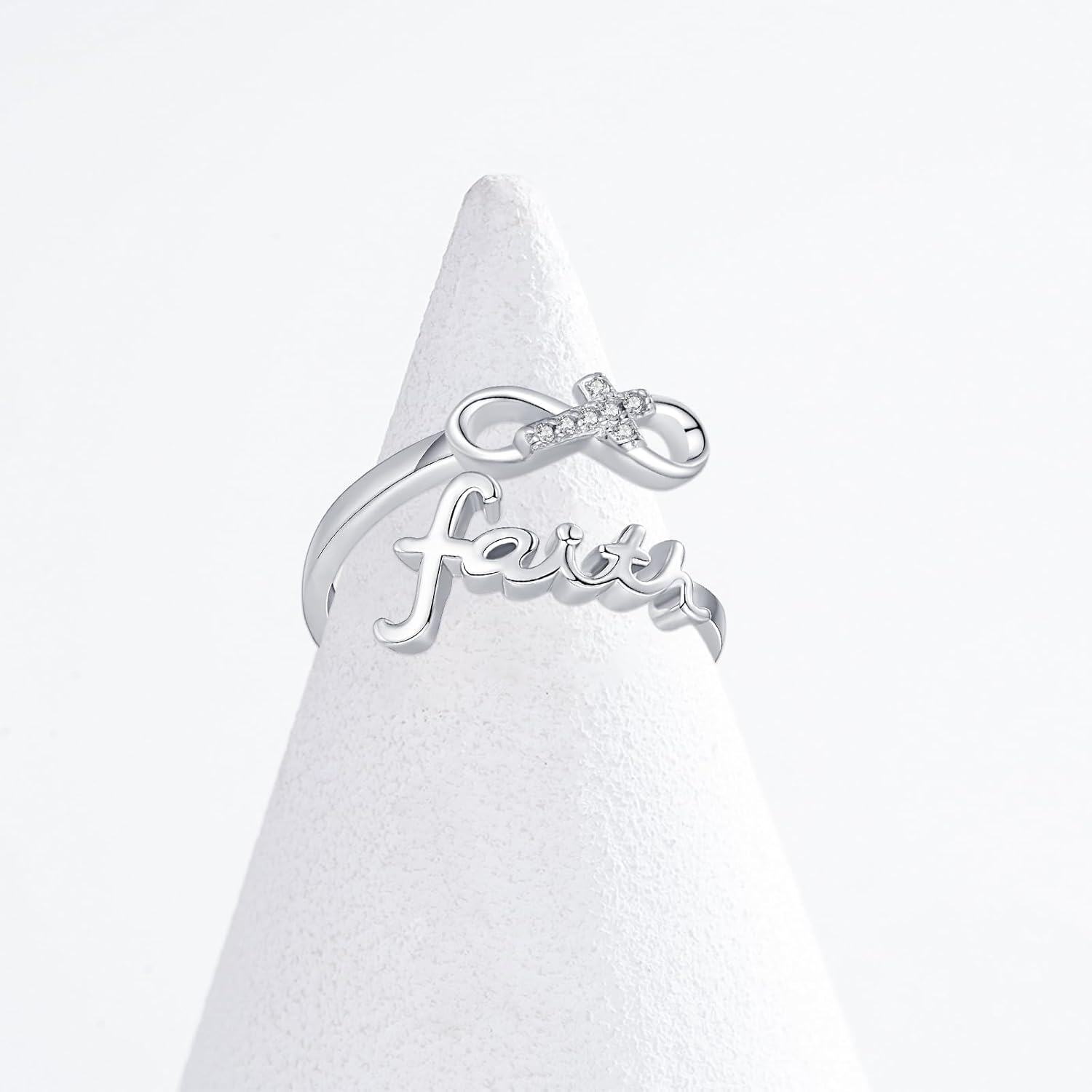 Sterling Silver Faith Ring Adjustable Open Christian Jewelry Gift for Women-0-5