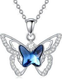 wholesale 925 Sterling Silver Blue Crystal Butterfly Pendant Necklace for Women Girls Gifts Jewelry-Butterfly-1
