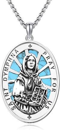 wholesale 925 Sterling Silver Turquoise St Dympna Catholic Patron Saint Medal Necklace Pendant Amulet-17a-St Dymphna-Turquoise-17a-St Dymphna-Turquoise