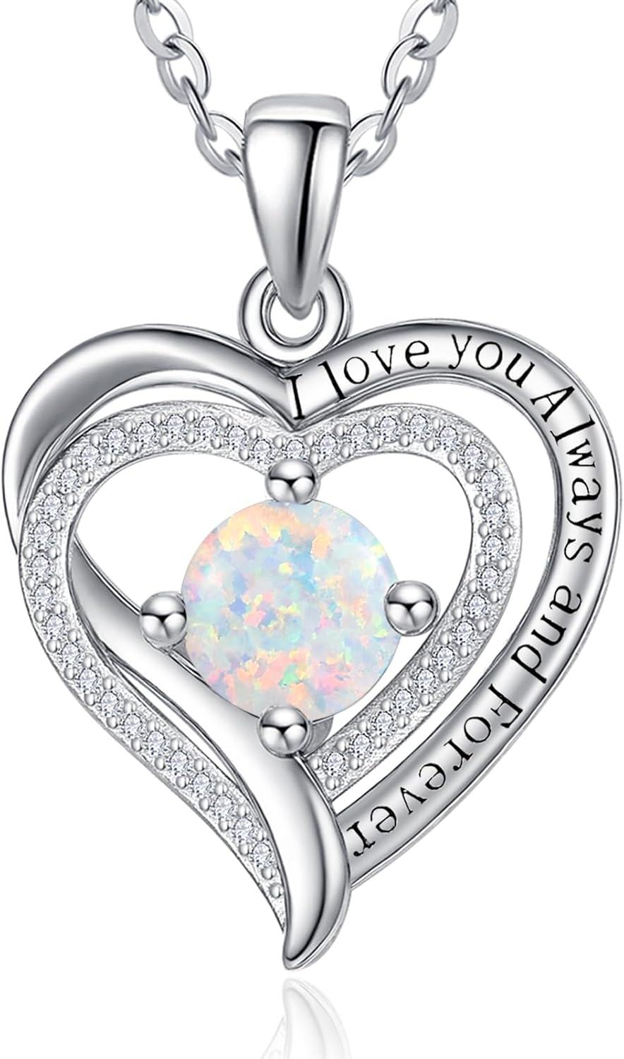 Sterling Silver White Gold Heart Pendant Necklace w Birthstone for Women-Opal