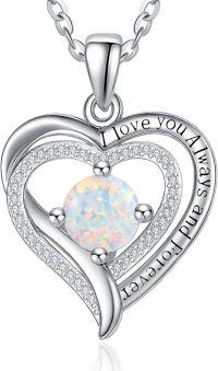 wholesale Sterling Silver White Gold Heart Pendant Necklace w Birthstone for Women-Opal