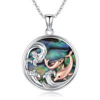 wholesale 925 Sterling Silver Dolphin & Ocean Wave Abalone Shell Pendant Necklace Beach  for Women-Dolphin
