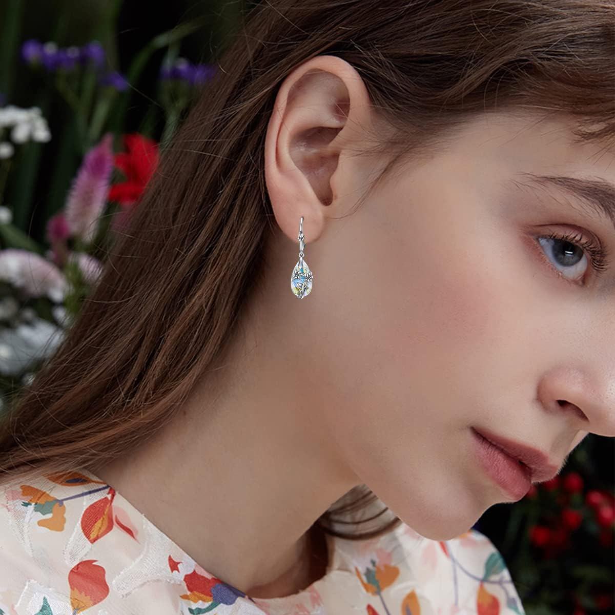 wholesale 925 Sterling Silver Teardrop Crystal Aurora Borealis Drop Dangle Earrings with Flowers and Leaves Design for Women's Gift-0-1